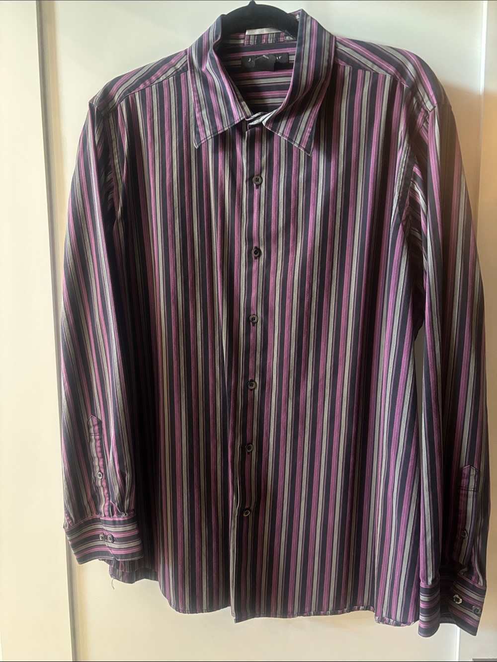 J. Ferrar Men's Black and Purple Multi-Stripe Dress Shirt